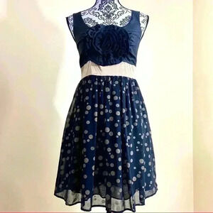 Anthropologie Retro Black Gold Polka Dot Fit & Flare Mini Flower Dress Size S